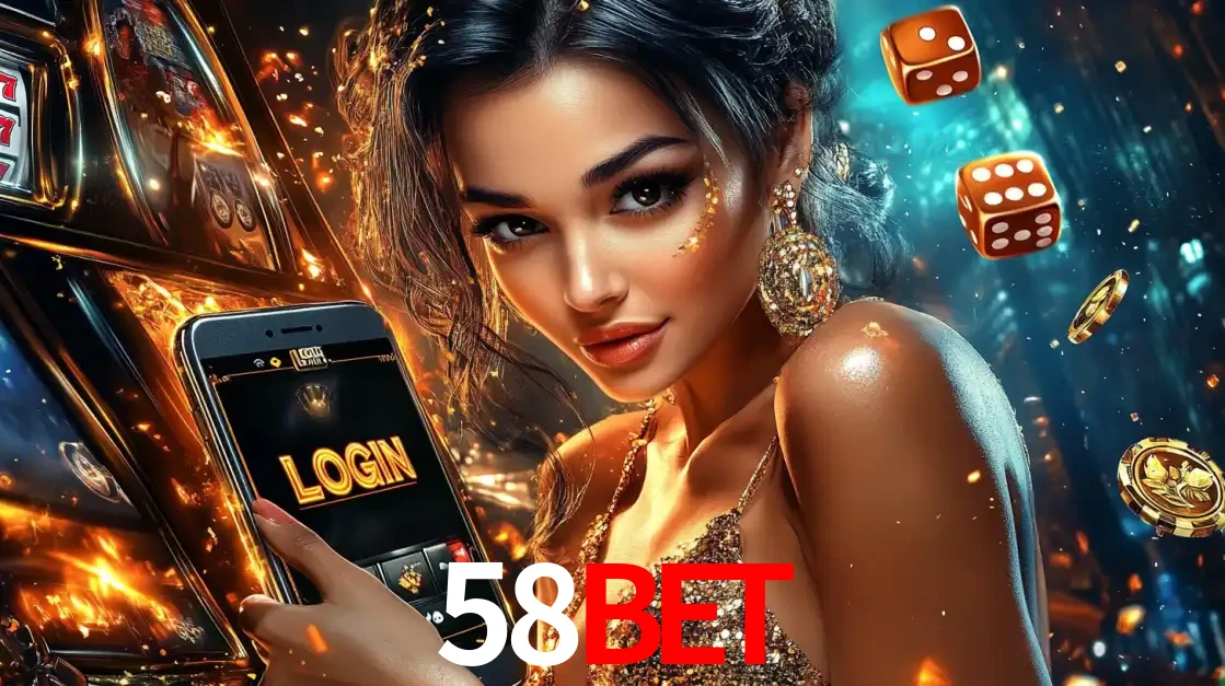 Mulher glamourosa segurando um celular com a tela de login do cassino 58BET, rodeada por dados e moedas douradas, pronta para começar a diversão.