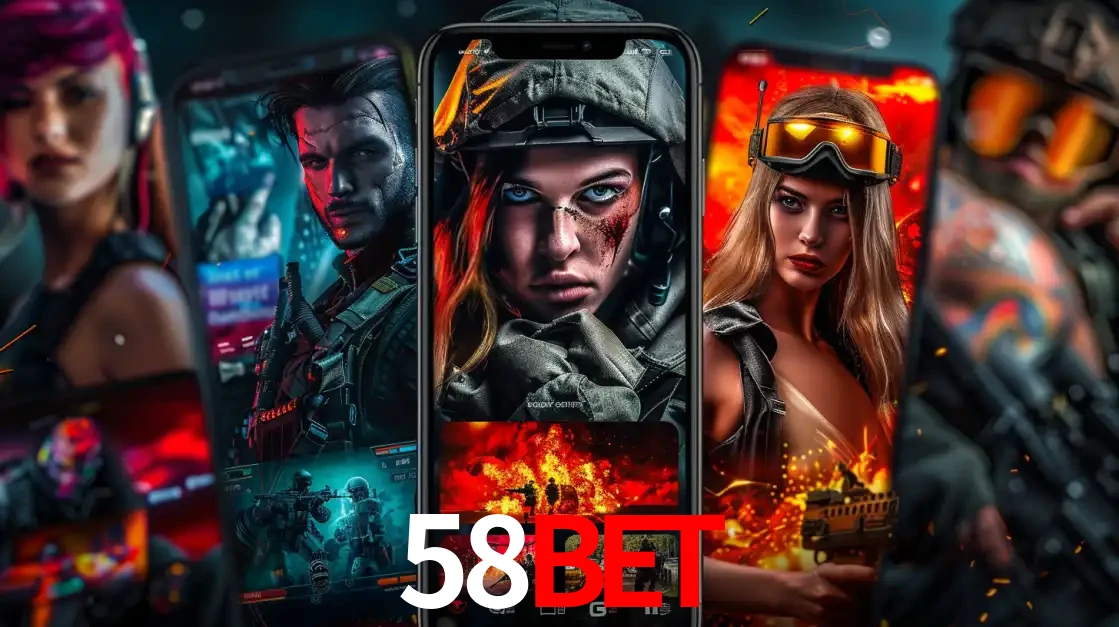 Montagem de telas de celular mostrando diversos personagens, masculinos e femininos, de um jogo de tiro, ilustrando a diversidade de equipes de e-sports para apostar no 58BET.