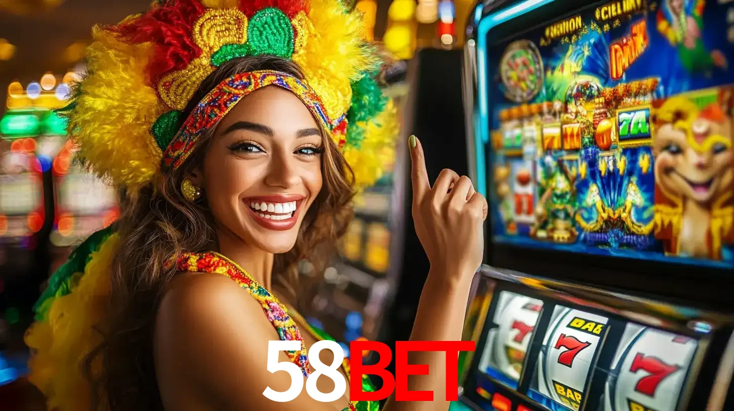 Mulher animada com um cocar de carnaval apontando para uma máquina de caça-níqueis, mostrando a emoção de ganhar um grande prêmio nos jogos do 58BET.