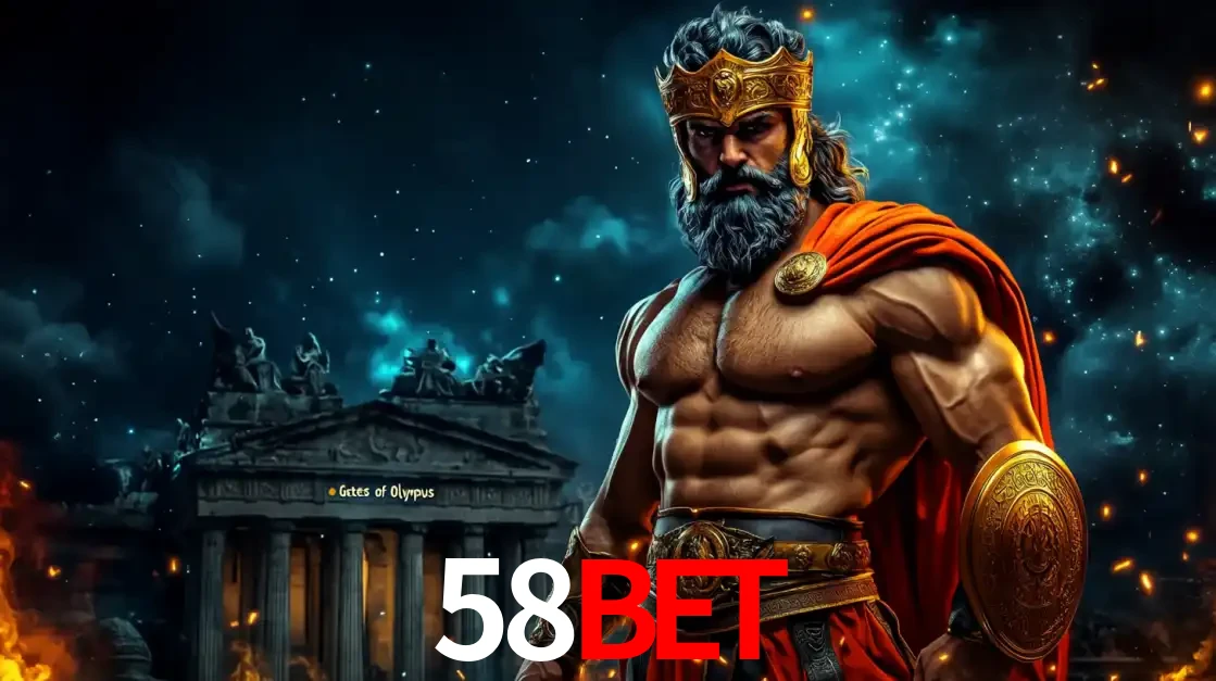 O poderoso Zeus do jogo de slot Gates of Olympus em frente ao seu templo, pronto para lançar multiplicadores divinos e prêmios épicos no cassino online 58BET.