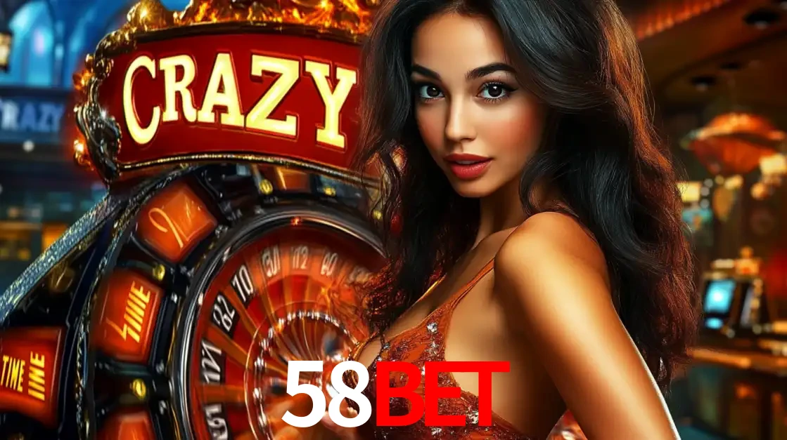 Mulher glamourosa olhando para a câmera com a roda vermelha do Crazy Time ao fundo em um ambiente de cassino, destacando a emoção dos jogos ao vivo no 58BET.
