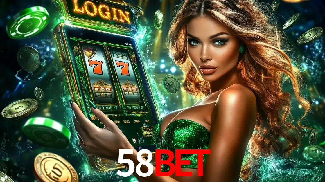 Mulher com tema verde apresentando o aplicativo do cassino 58BET com um jogo de slot de 777, cercada por fichas de cassino e uma aura de sorte.