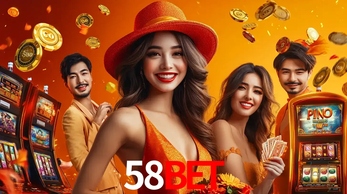 Grupo de amigos asiáticos sorrindo e se divertindo com máquinas de caça-níqueis em um ambiente festivo, celebrando suas vitórias nos jogos de cassino do 58BET.