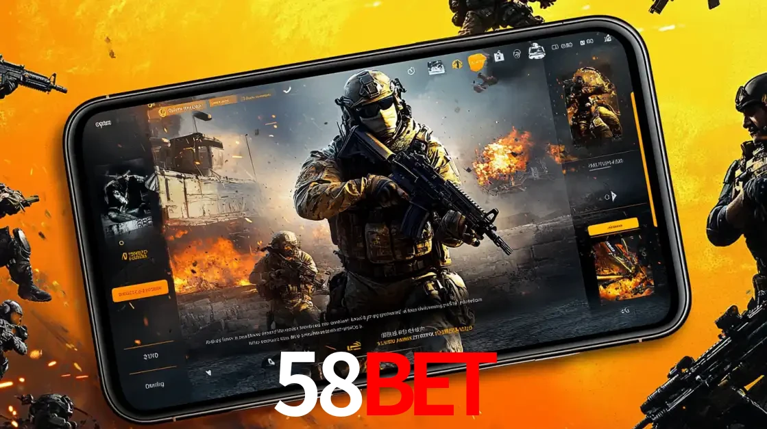 Um smartphone exibindo a interface de um jogo de tiro em primeira pessoa, com um soldado em um cenário de batalha, representando a ação dos e-sports para apostar no 58BET.