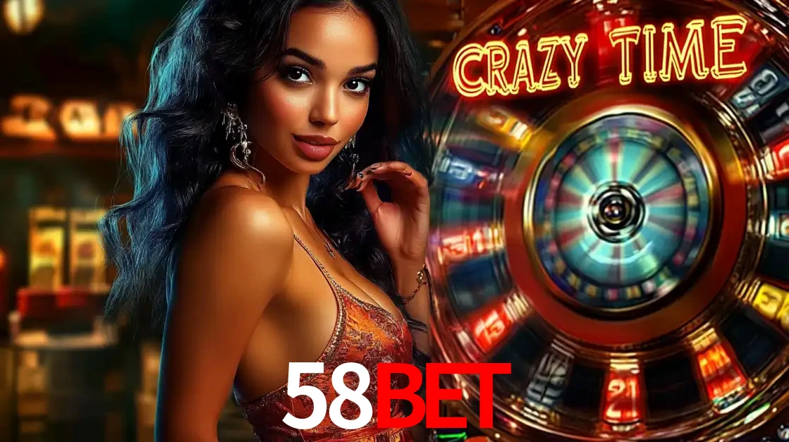 Mulher elegante ao lado da vibrante roda da fortuna do jogo de cassino ao vivo Crazy Time, um dos game shows mais populares e cheios de prêmios do 58BET.