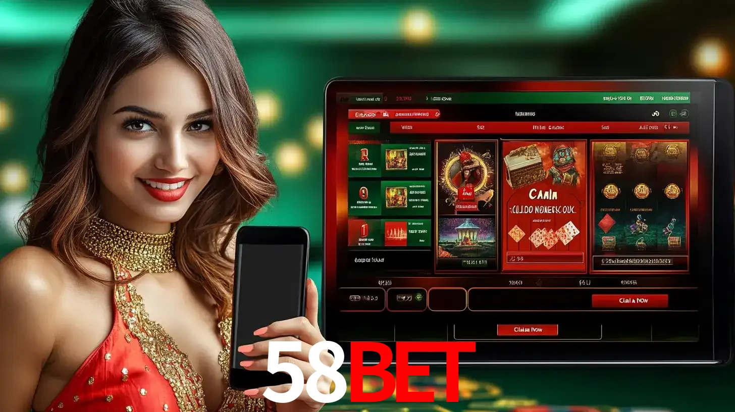 Mulher sorridente segurando um smartphone, ao lado de uma tela exibindo o lobby de jogos do cassino online 58BET, com várias opções de jogos de cartas e slots.